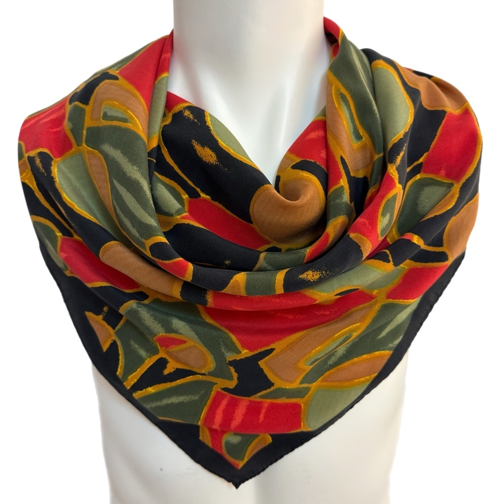 Vintage Abstract Silk Scarf – Red/Green/Gold Geometric Pattern - Hand Rolled